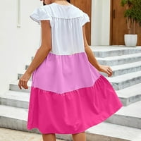 Таголд Женска Мода Секојдневен Краток Ракав Во Боја Блок Летен Тркалезен Фустан На Плажа Розова М