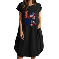 Печатен Фустан Со Широки Кратки Ракави со американско Знаме За Жени Летни Фустани Со Врат О Со Џеб 4 јули Знаме НА САД Памучен
