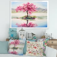 DesignArt 'Ориентална цреша розова дрво Сакура на езерото „Езерото куќа“ врамена уметничка принт
