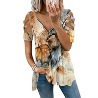 Лејлајреј Женски Летни Удобни Маици V Вратот Печатени Блузи Основни Кратки Ракави Мода Секојдневен Лабава Блуза Маица БЕЖ XL